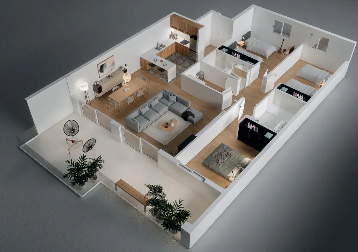 Recreación 3D de la vivienda Planta tipo A