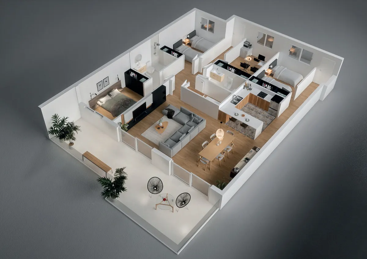 Recreación 3D de la vivienda Planta tipo E