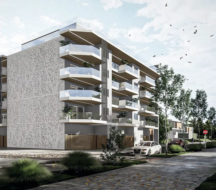 Fachada del edificio residencial Almántica de día